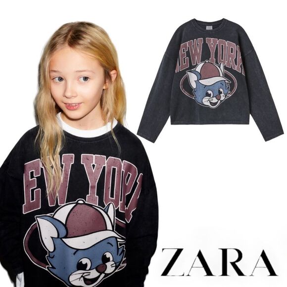 ZARA Kids | Anthracite Gray | VARSITY CAT T-SHIRT - Picture 1 of 8